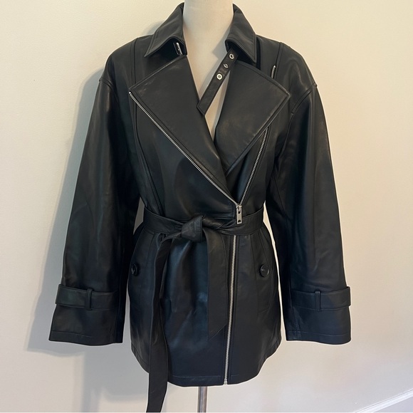 Belle & Bloom Black Leather Jacket Black Moto Trench Coat medium grunge - Picture 5 of 11